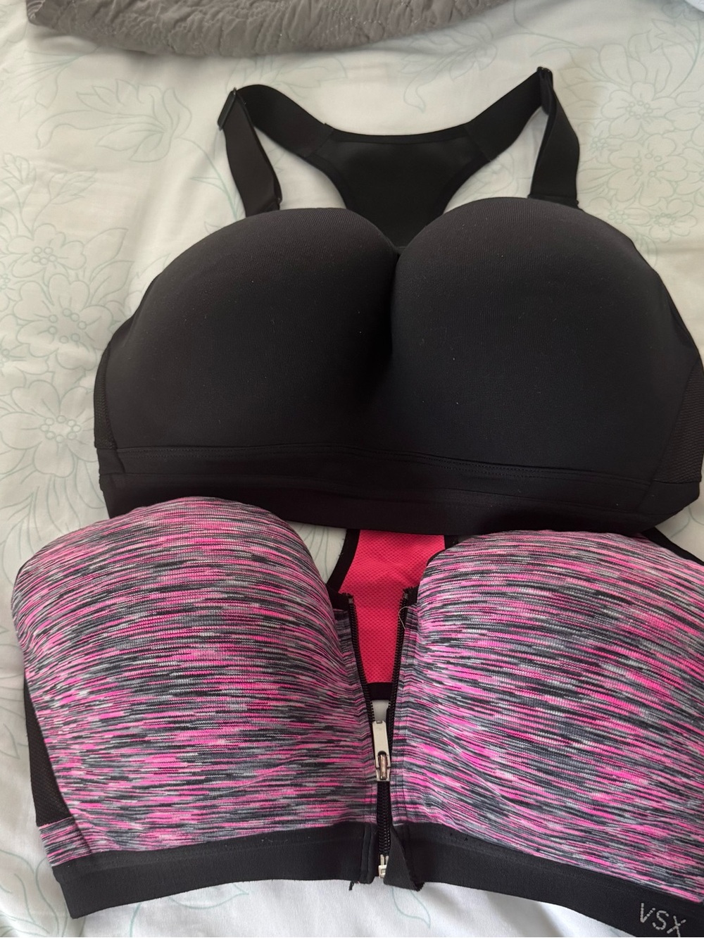 Pair Of Victoria Secret Sports Bras, 34DD One Front Zip Closer Other Back Closer